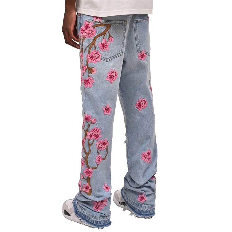 Men'S Distressed Denim Jeans With Floral Embroidery And Functional Pockets Suitable For Urban Street Style