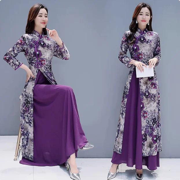 Vietnamese Aude Velvet Cheongsam Women Dress With Chinese Style