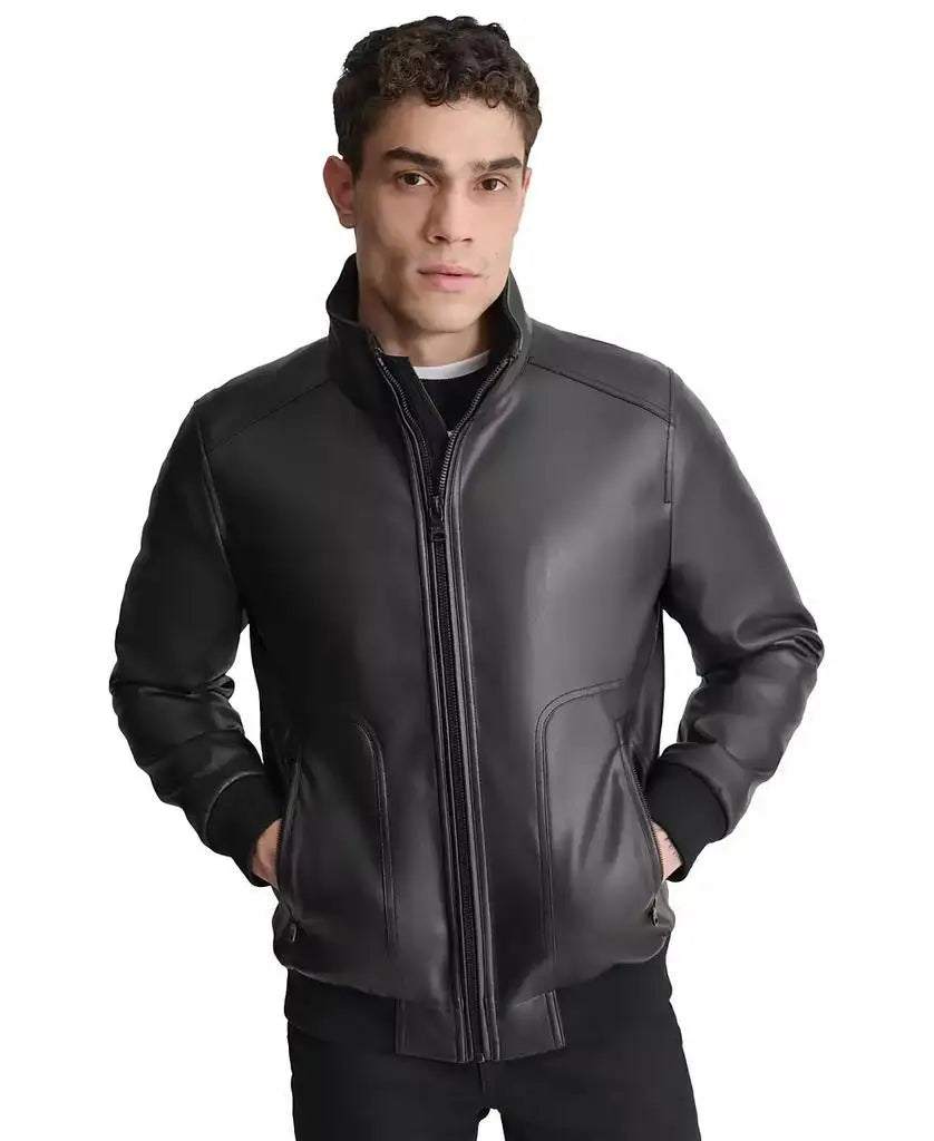 Men Smooth Faux-Leather Bomber Jacket