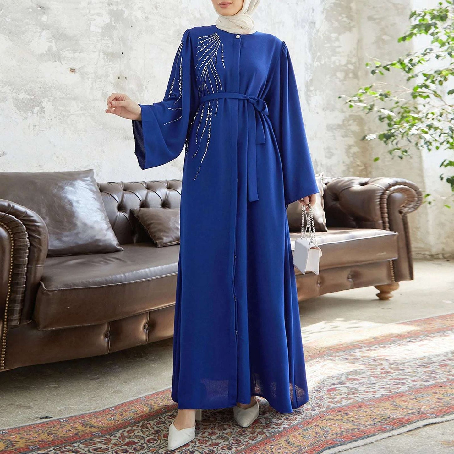 and Fashion Heavy Industry Beading Ironing Muslim Dress Women Navy Blue Exquisite Muslim Robes Party Wear