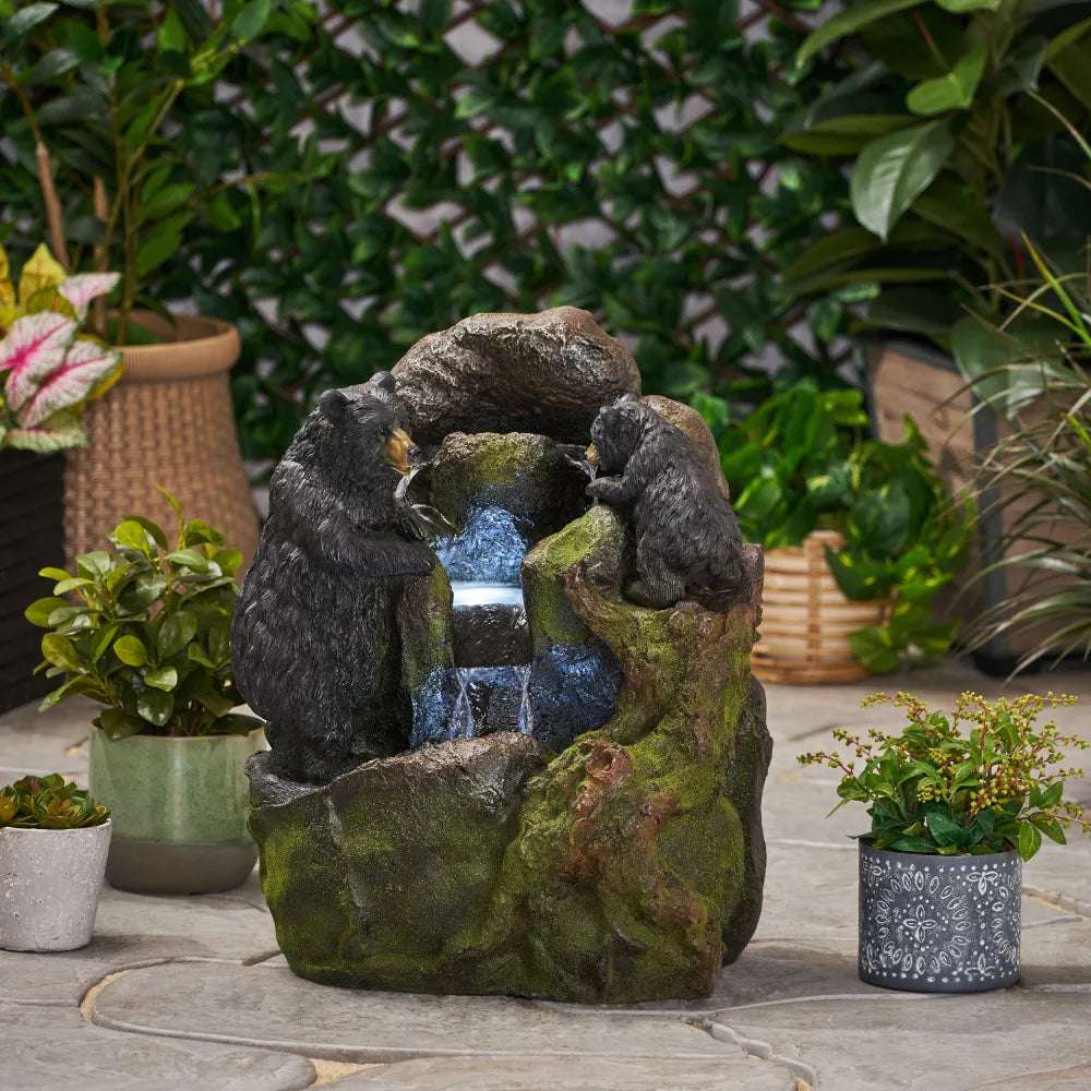 Moss Black Floor Fountain Handmade Faux Stone Design Led Waterfall Flow Water Fountain Garden For Outdoor Spaces Perfect Decor