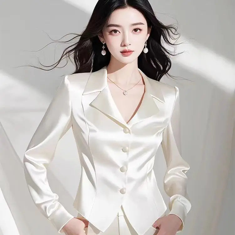 New Women Clothing for Early Autumn Small Stature Professional Attire Small Fragrance Style White Satin Shirt