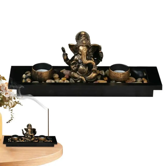 Bronze Color Lord Ganesha Statue Buddha Ornaments Elephant Hindu God Sculpture Home Office Decor Tealight Holder Figurine set