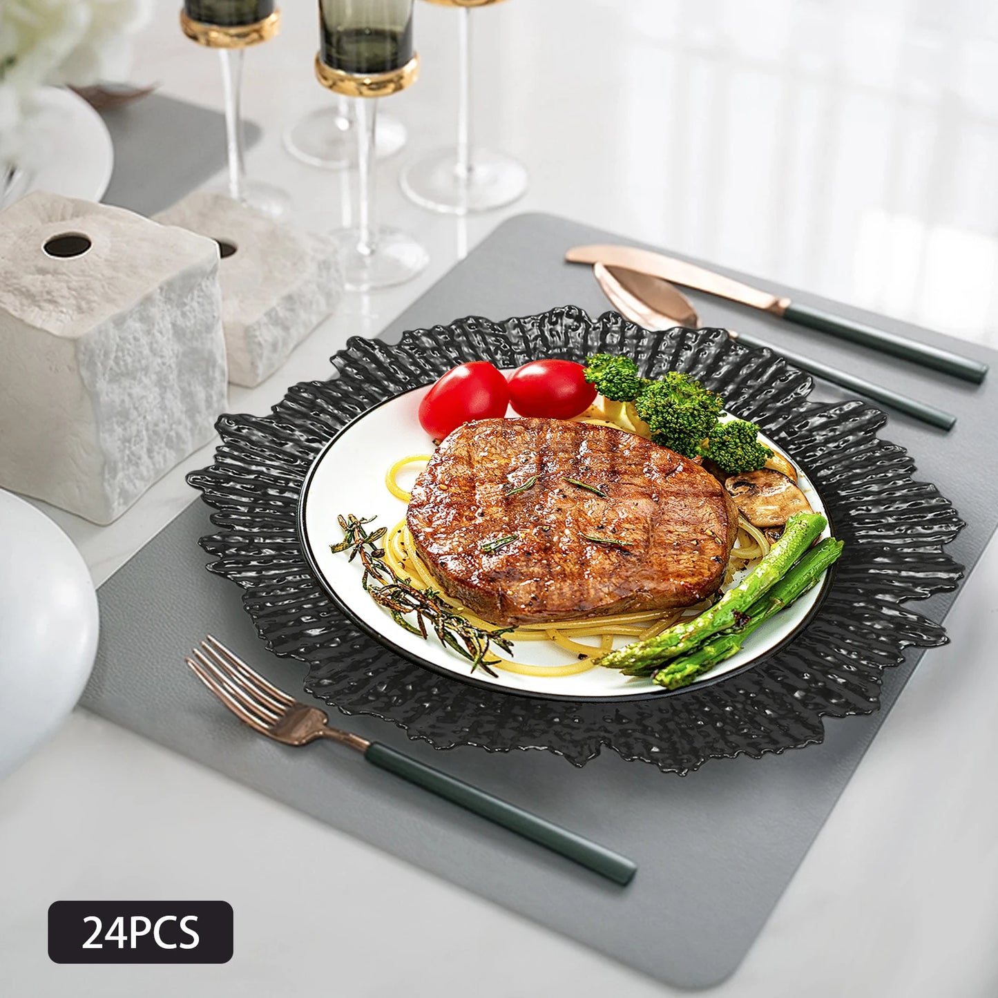 12.6 In Round Plastic Charger Plates Set Of 24 - Snowflake Design Black Placemats For Wedding Party Dinner, Holiday Table Decor