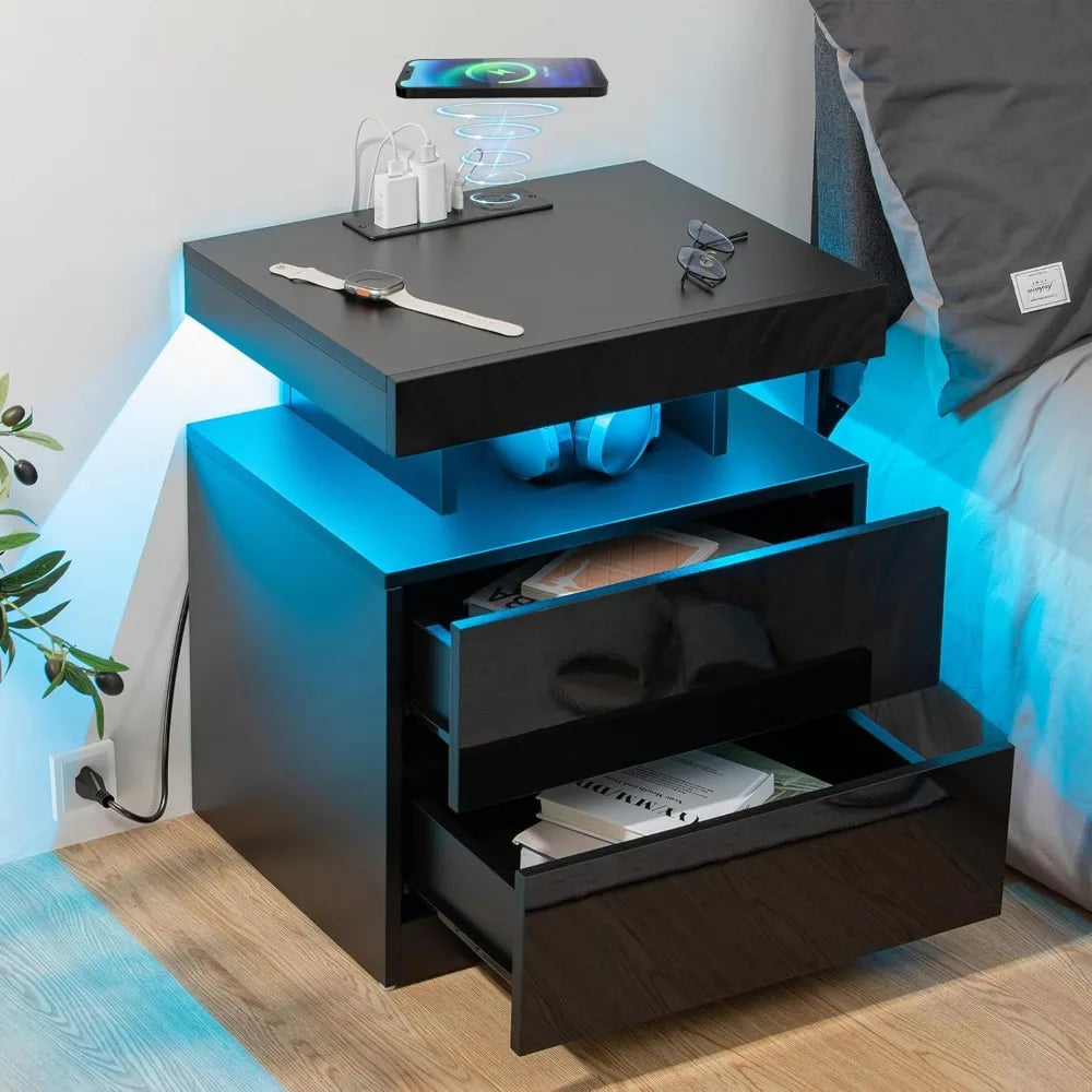 Nightstand with Wireless Charging Station & USB Ports High Gloss with LED Light Adjustable 2 Drawers, Bedside Table