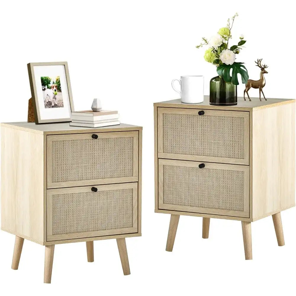 Rattan Nightstand Set of 2, End Table Rattan Bedside Table Side Table with 2 Hand Made Rattan Decorated Drawers Wood