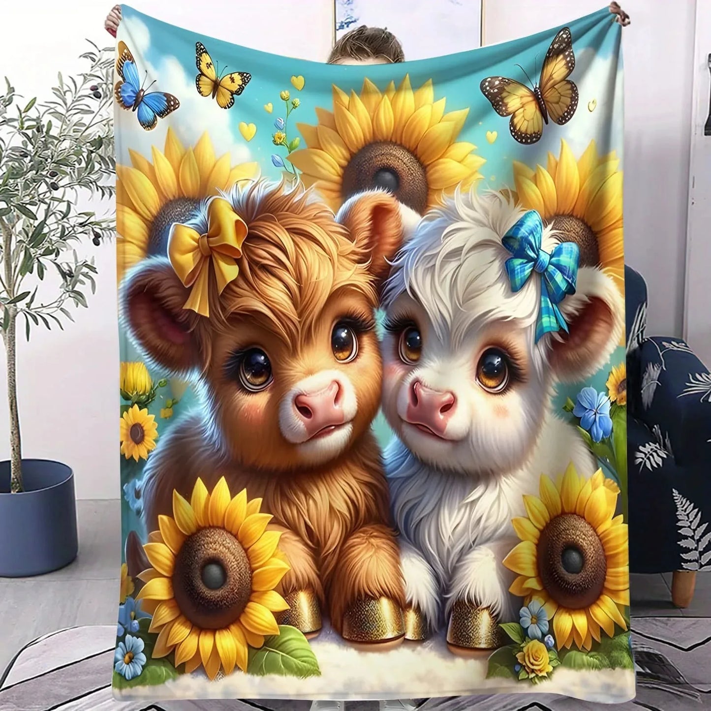 Cute Highland Cow Flannel Blanket Flower Butterfly Bedroom Throw Sofa Leisure Kids Camping Blanket Couples Family Friends Animal
