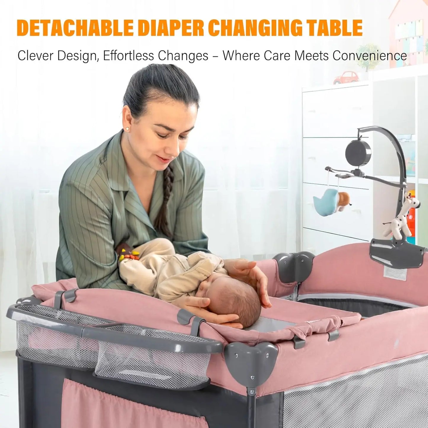 5 in 1 Baby Crib,Baby Bassinet, Bedside Cribs, Pack and Play with Changing Table, Portable Travel bedToys & Music Box