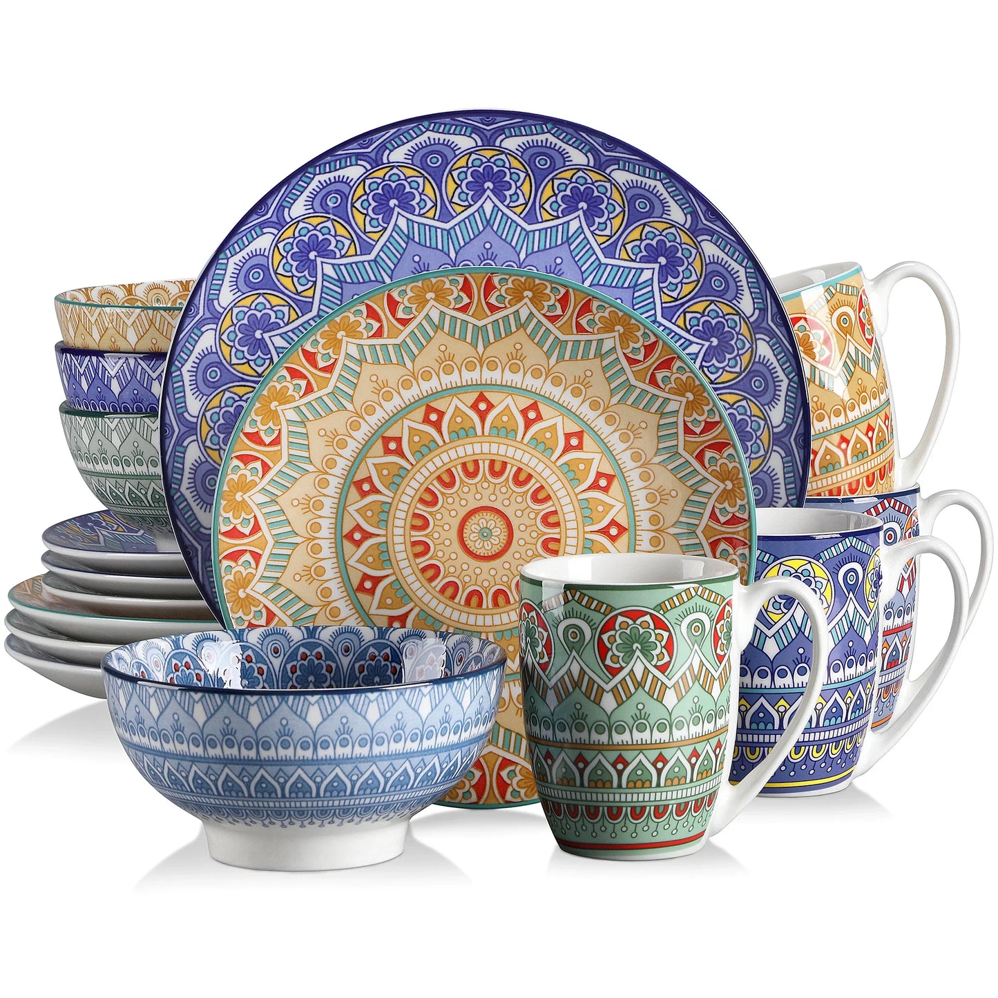 Vancasso Bohemian Mandala Patterned Ceremic Tableware 16Pcs Porcelain Dinnerware Set With Dinner Plate Dessert Plate Bowl Mug