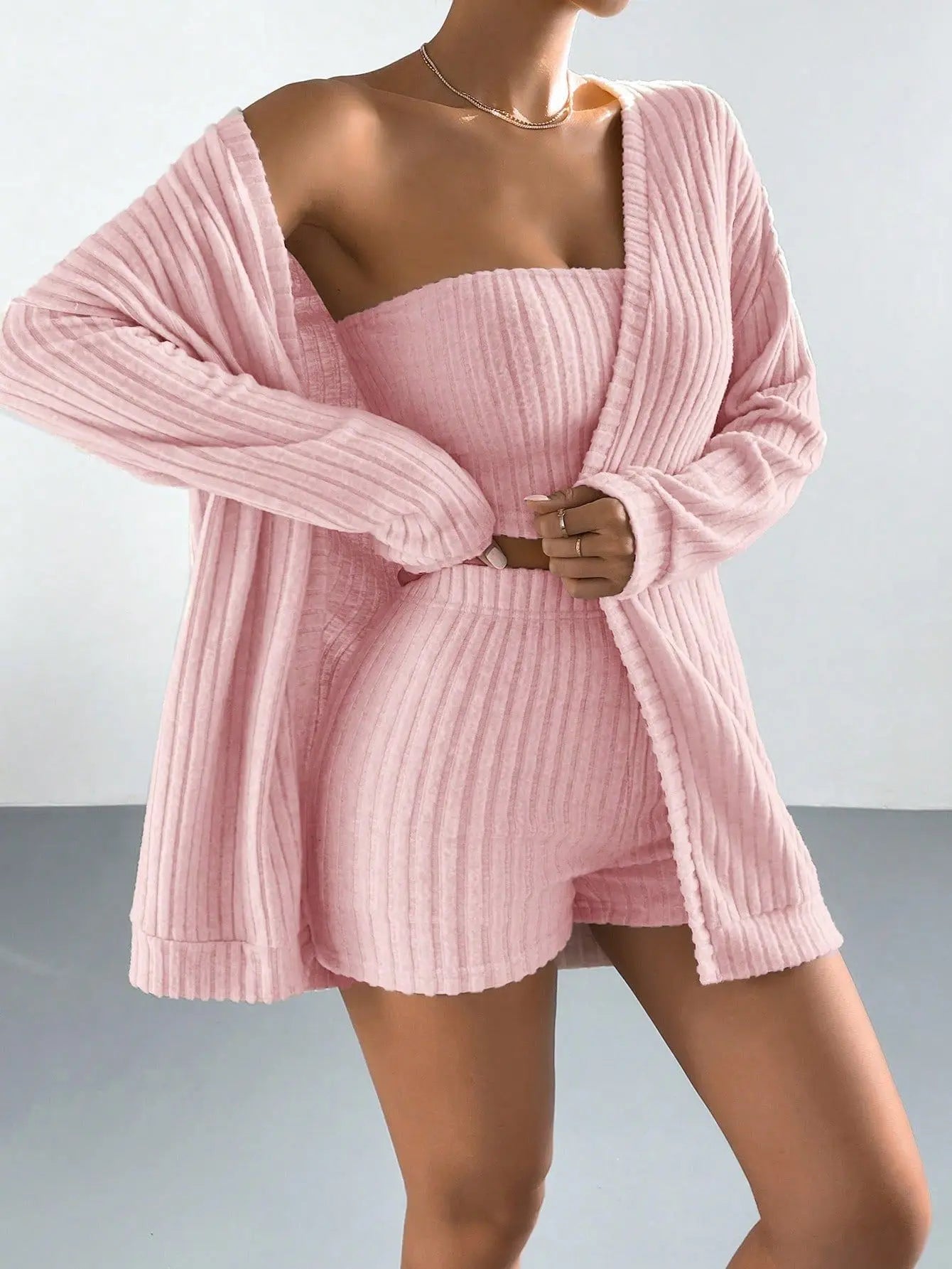 Autumn And Winter WoMen's Pajama 3-Piece Set Gorgeous Soft Ribbed Brushed Long-Sleeve Jacket + Bralette + Shorts Fashion Homewear