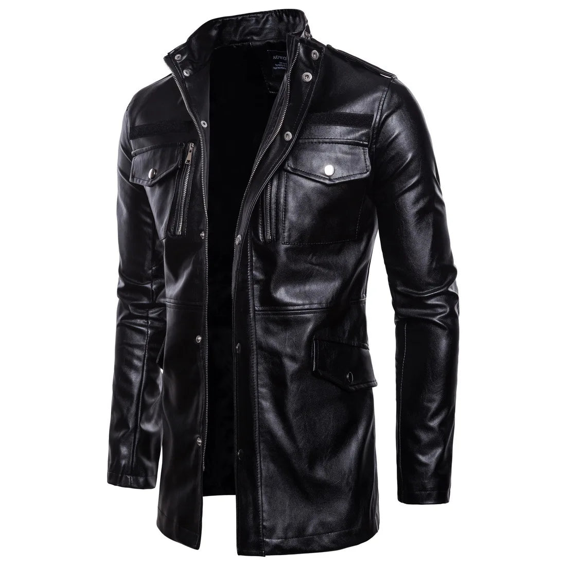 Autumn New Mid-length Leather Jacket Stand-up Collar Four-pocket Biker Leather