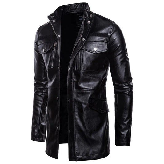 Autumn New Mid-length Leather Jacket Stand-up Collar Four-pocket Biker Leather
