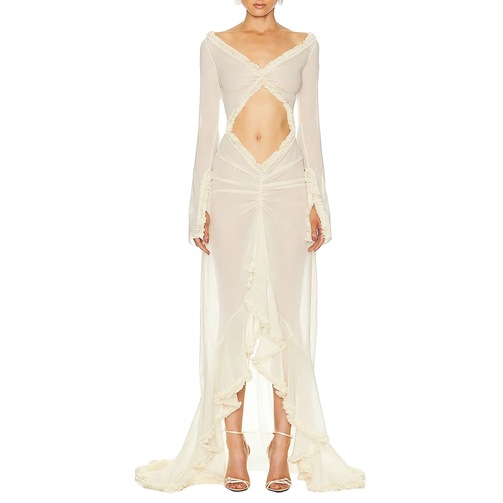 Cute Women's Babydoll Lingerie Long Sleeve V Neck Chemise Mesh Nightwear Long Gown Frill Trim Sheer Nighty Dress vestidos