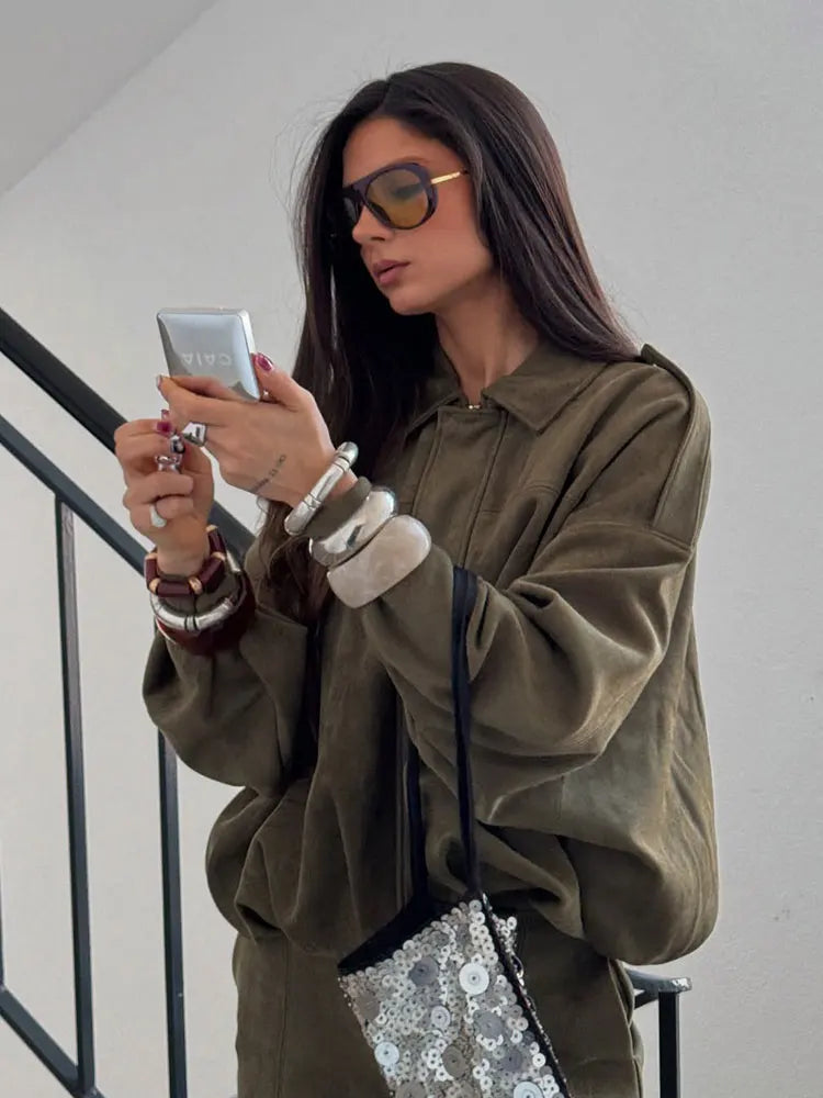 Women'S Brown Green Suede Jacket Loose Casual Bomber Coat Lapel Zipper Long Sleeve Jackets Vintage Lady Motorcycle Outwears