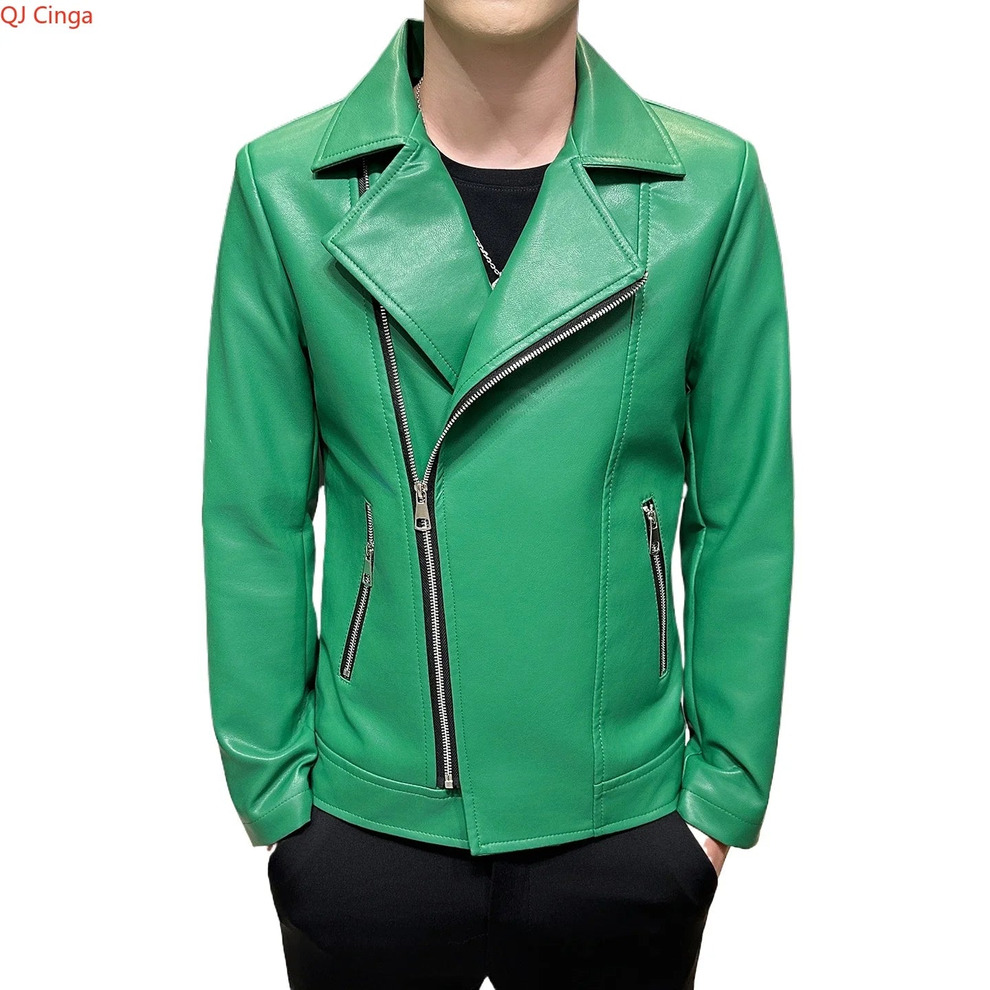 Autumn Men's Green Lapel PU Jacket, Black Faux Leather Motorcycle Coats, Coffee-Brown Casual Top, Asian Sizes Fit Slim Cut.