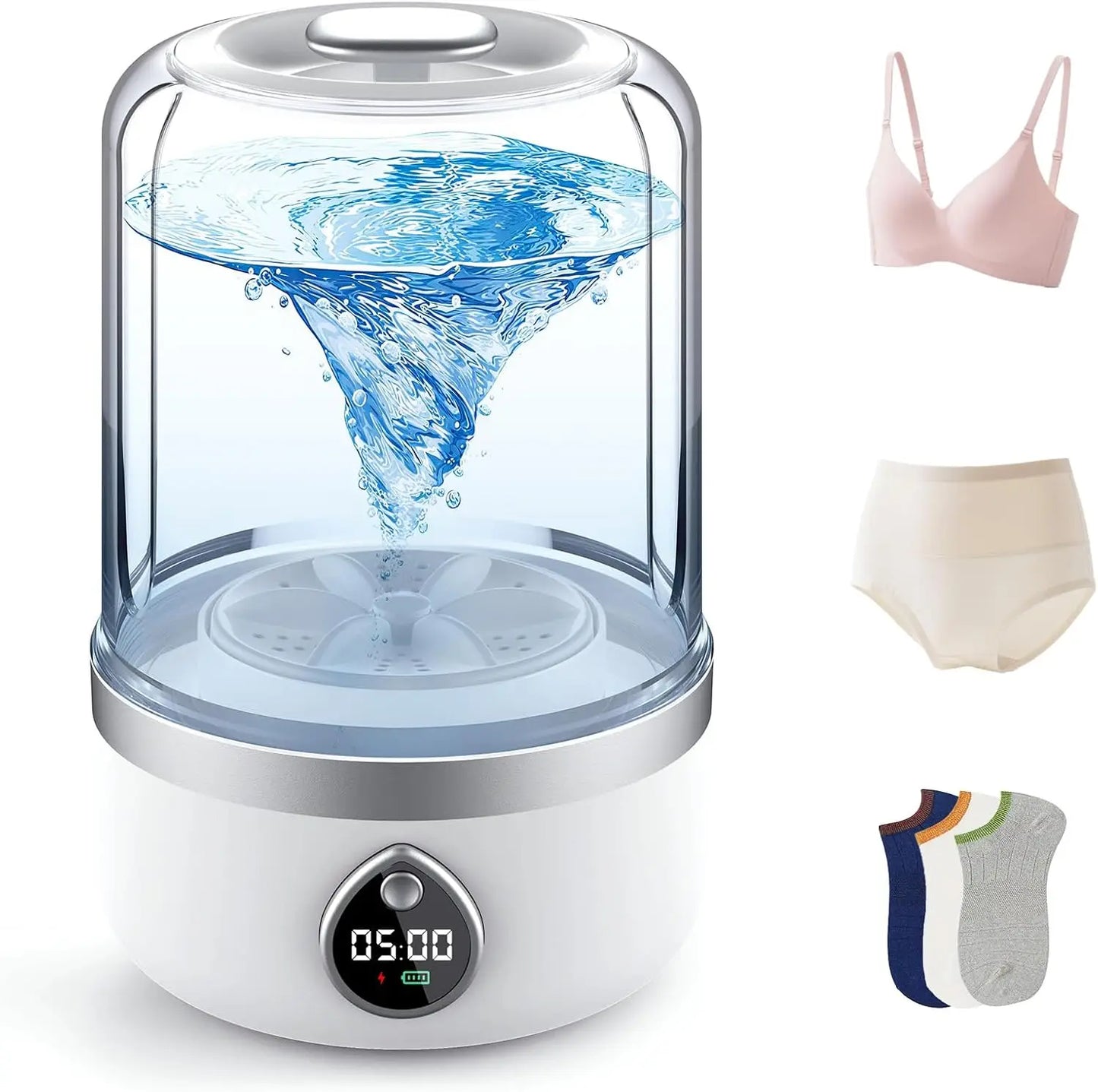 Portable Mini Washing Machine, Rechargeable Cordless, 1.5L Laundry Cup For Underwear, Bra, Socks (White)