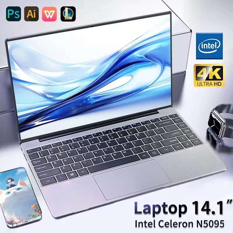 14.1" Portable Laptop Intel Celeron N5095 16GB DDR4 512GB 1TB SSD Windows 11 Pro Notebook Pc Gamer Office Study Computer Laptops