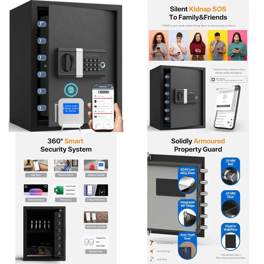 smart home security: wifi safe box with app lock, alarm, voice commands, anti-kidnap features, tamper detection, and frozen mode