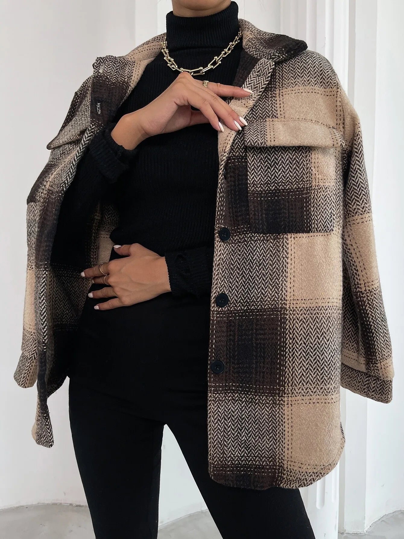 Bwq Plaid Print Flap Pocket Wool Blend Jacket