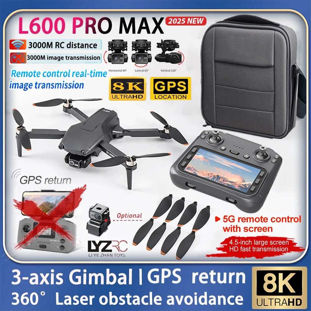 2025 L600 PRO MAX GPS Drone 5G Professional 8K HD 3-axis Gimbal Aerial Dual Camera Screen Control Obstacle Avoidance FPV RC Dron