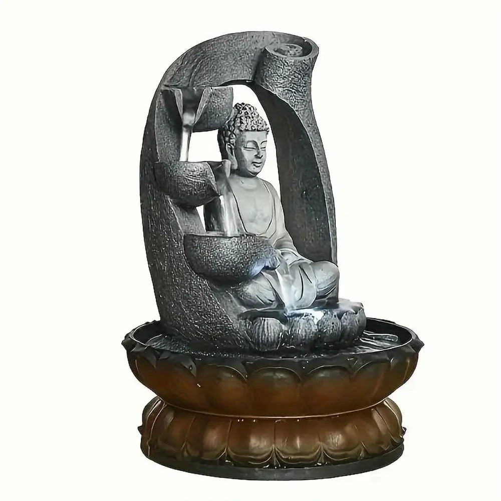 Buddha Statue Indoor Fountain LED Lights Waterfall Kit Submersible Pump Office Home Desktop Decoration Tranquility Luck Serene