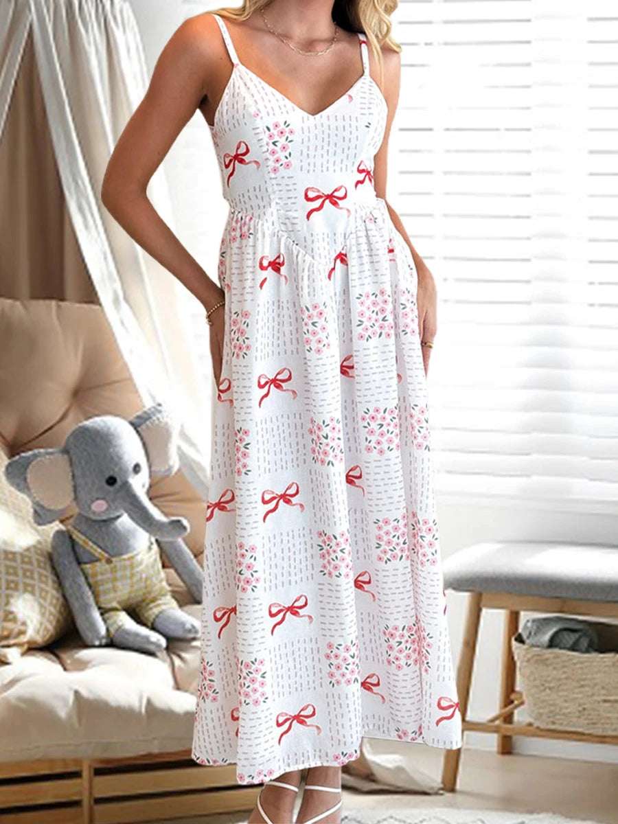 Elegant Sleeveless Lace V-Neck A-Line Evening Gown with Bow Detail and Floral Embroidery for Formal Events and Weddings