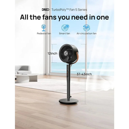 Pedestal Fan with Remote, PolyFan 513S, 43'' Quiet Standing Fan for Home Bedroom, 120+105 Smart Oscillating Floor Fans