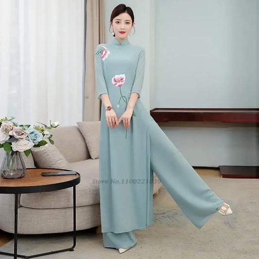 2025 vietnam aodai dress for Women traditional casual dress+pants set flower printing robe and pants suit female chinese dress