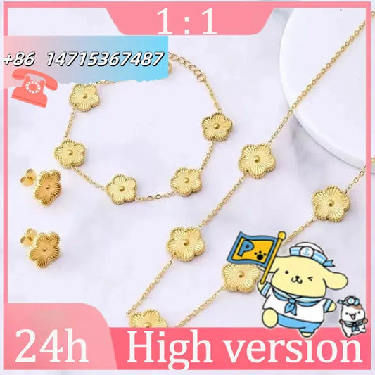 Conjunto de Joyer (Collar, Pulsera, Pendientes Flores de Cinco Hojas de Acero Inoxidable