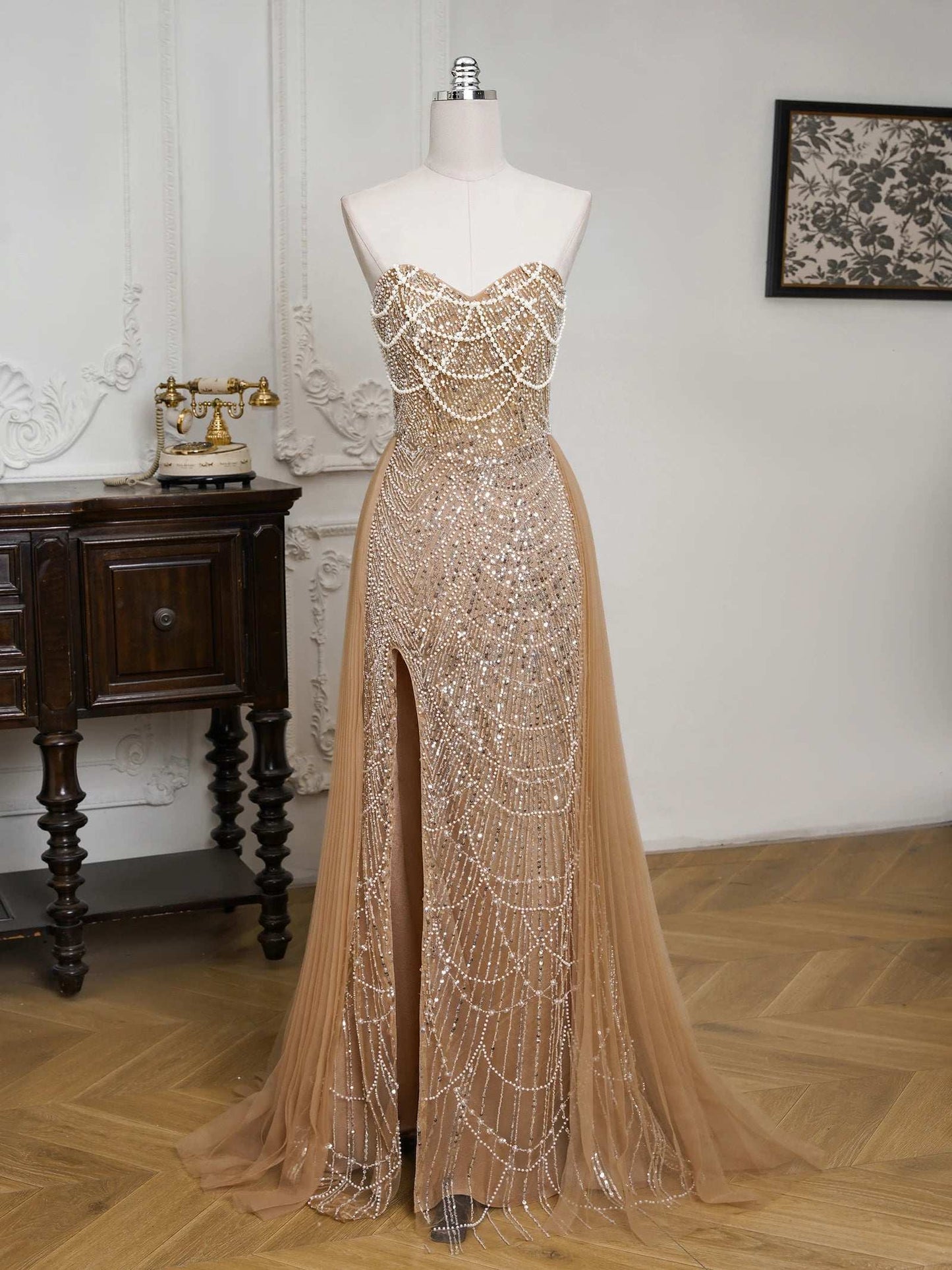 Us Tariff Champagne Pearls Prom Dresses 2025 Real Pos Ruffles Side Train Mermaid Evening Dress For Wedding Party
