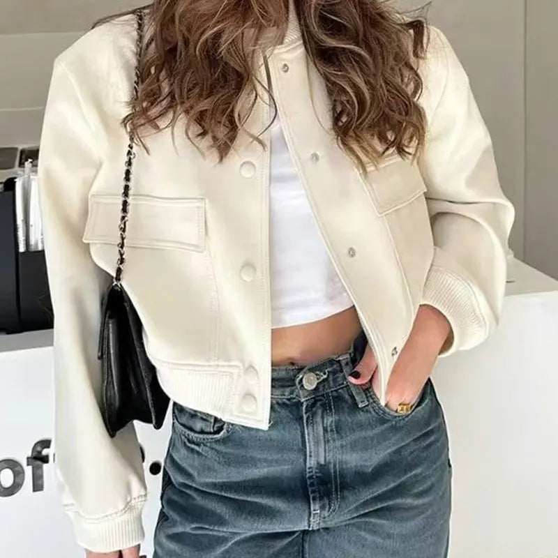Woman Bomber Jacket Coat White Autumn Winter Button Baseball Aviator Cropped Jackets For WoMen's Long Sleeve Crop Outerwear