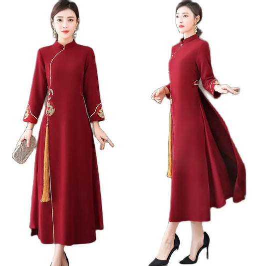 Asian Gown Women Dress Spring Autumn Full Sleeve Ladies Improved Cheongsam AO Dai Vietnam National Costume