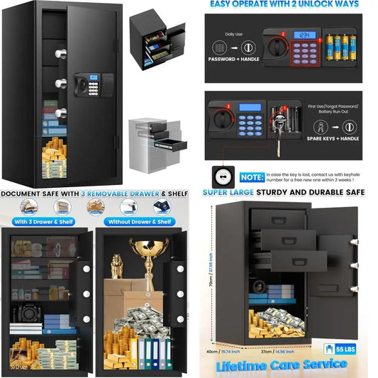 large 7.0 cubic foot home security safe with removable drawer, backlit keypad, and smart alert features