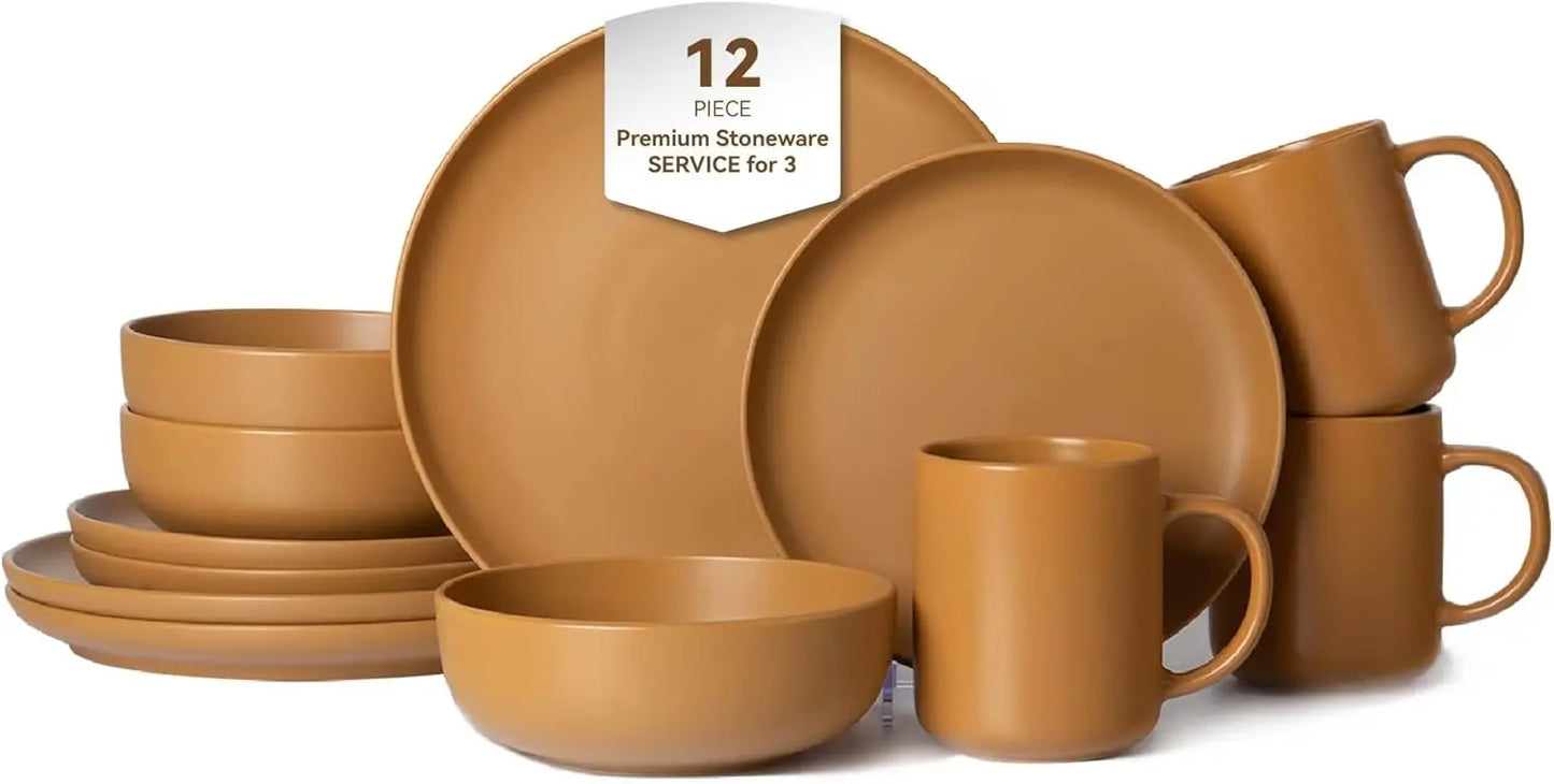 12-Piece Matte Orange Dinnerware Set,Stoneware Dinnerware For 3, Microwave & Dishwasher Safe, Stackable Design For Kitchen And D