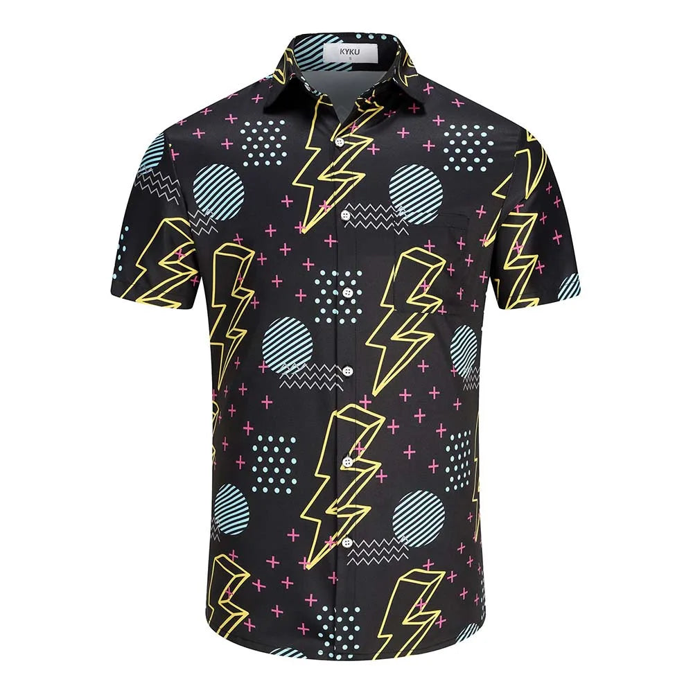 KYKU 80s Costume 90s Clothes Hawaiian Shirt for Men Button Down Shirts Short Sleeve Retro Disco Outfits