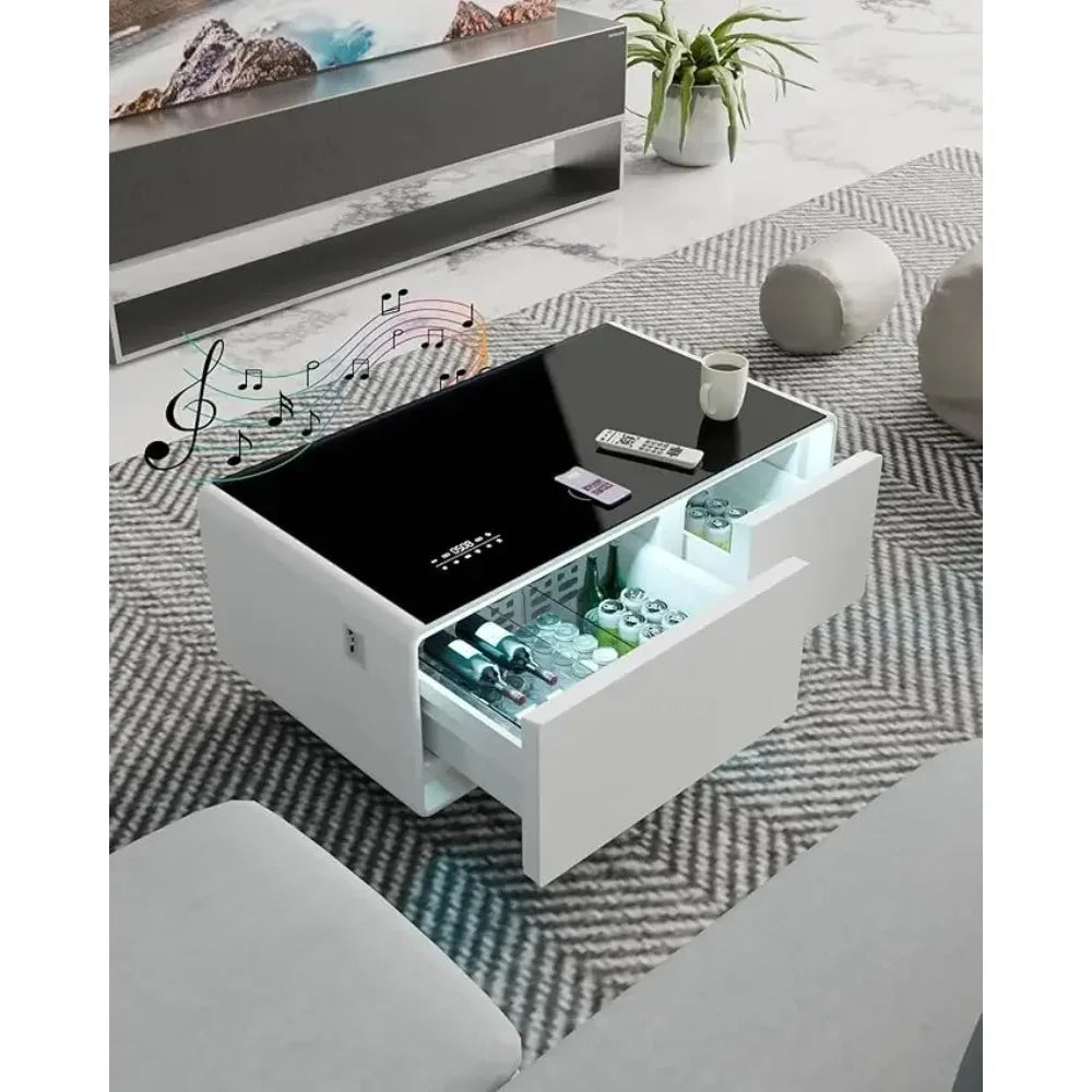 Smart Coffee Table: Living Room Table with Built-in Fridge, Speakers, 15W Wireless Charging