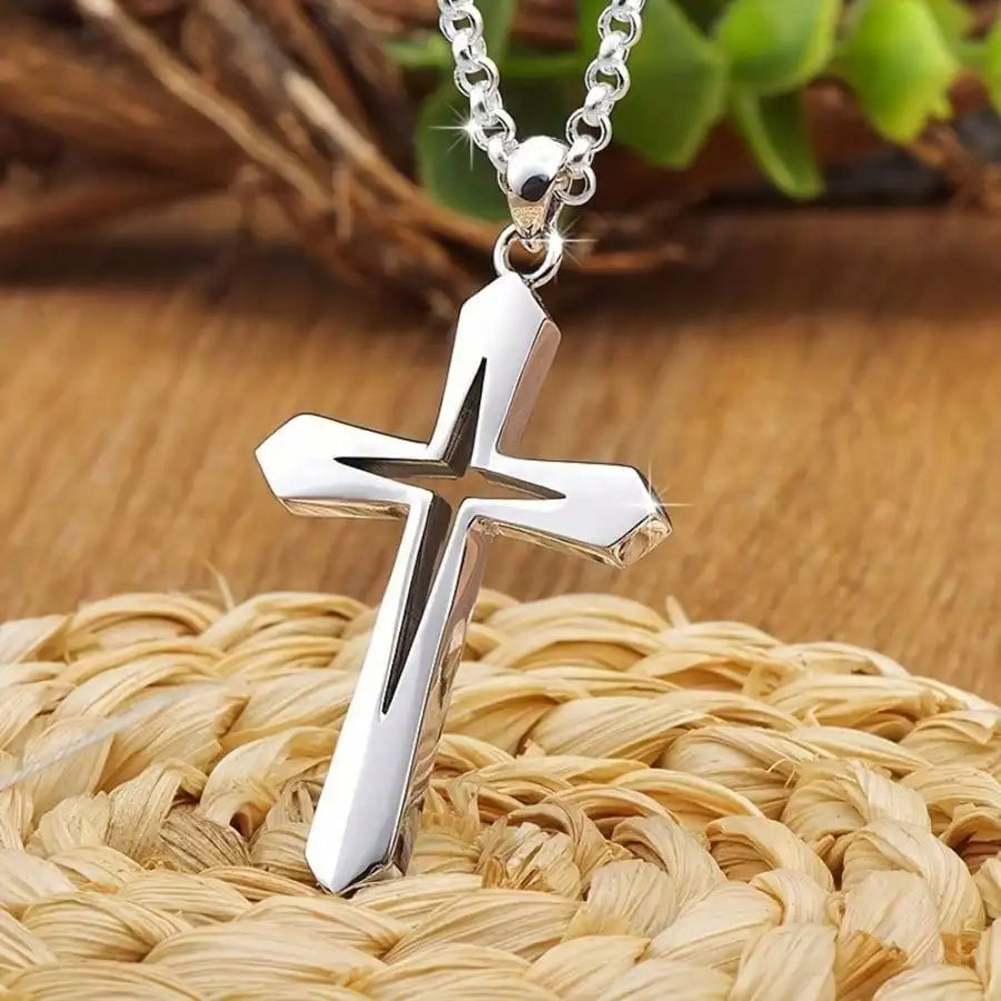 1 Cross Pendant Necklace, Hollow Modern Christian Religious Jewelry, H