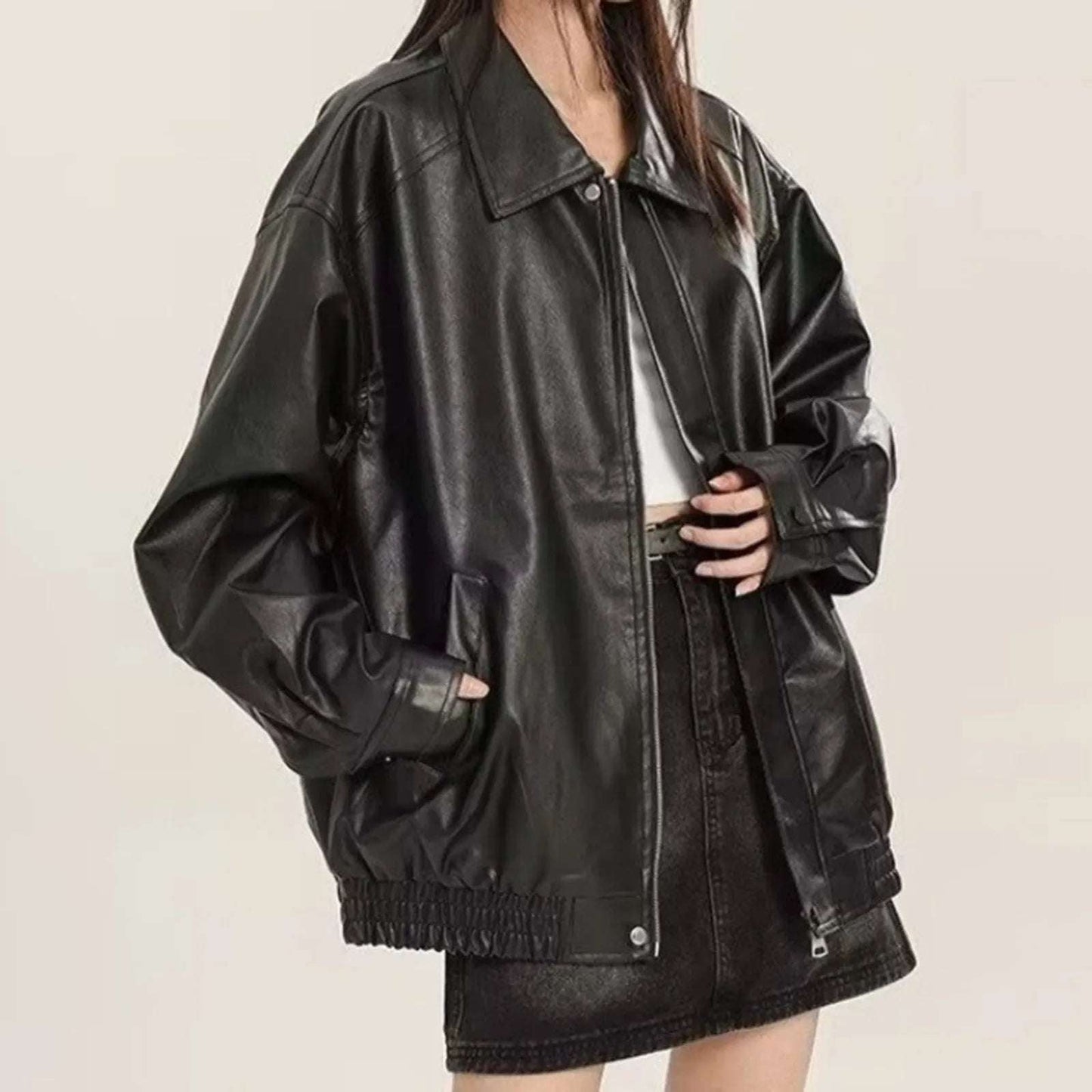 PU Leather Women Vintage Jacket Long Sleeve Oversized Faux Leather Button Zip Up Leather Jacket Moto Biker Cycling Jacket
