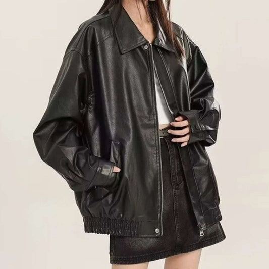 PU Leather Women Vintage Jacket Long Sleeve Oversized Faux Leather Button Zip Up Leather Jacket Moto Biker Cycling Jacket
