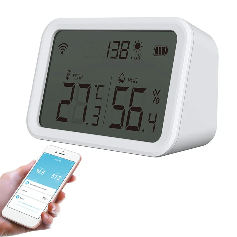 3 in 1 Temperature Humidity Illuminance Monitor Gauge Battery Powered Remote Monitoring Via App Large LCD Display for Smart Home
