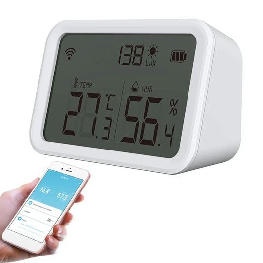 3 in 1 Temperature Humidity Illuminance Monitor Gauge Battery Powered Remote Monitoring Via App Large LCD Display for Smart Home