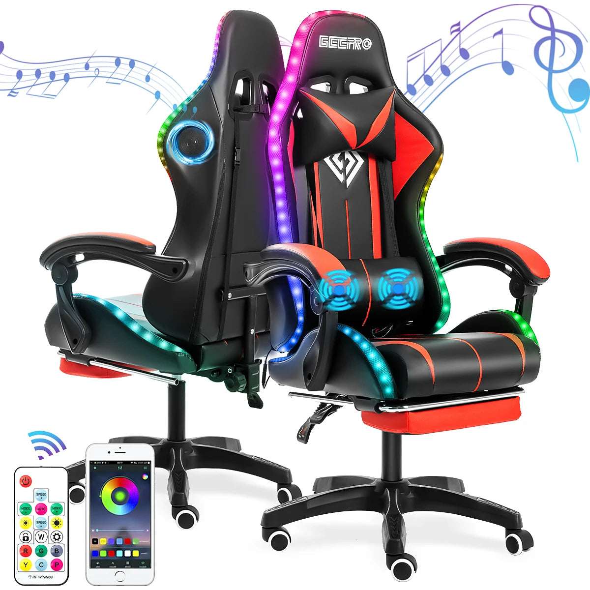 Light Gaming Chair Office Chair 135 Degrees Gamer Computer Chair Ergonomic Swivel 2 Point Massage Recliner Bluetooth Speaker