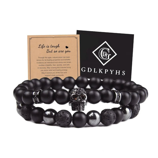 Black Obsidian Bracelet - Skull Bracelet - Tourmaline Beaded Bracelets - 8MM Black Onyx Hematite Lava Stone Beads Triple