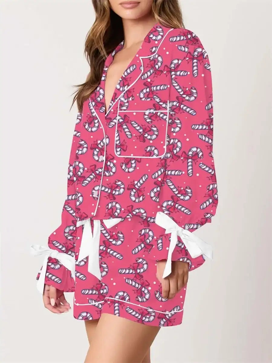 Women 2 Piece Pajama Set with Festive Christmas Print Cozy Long Sleeve Shirt and Elastic Waist Shorts for Comfortable
