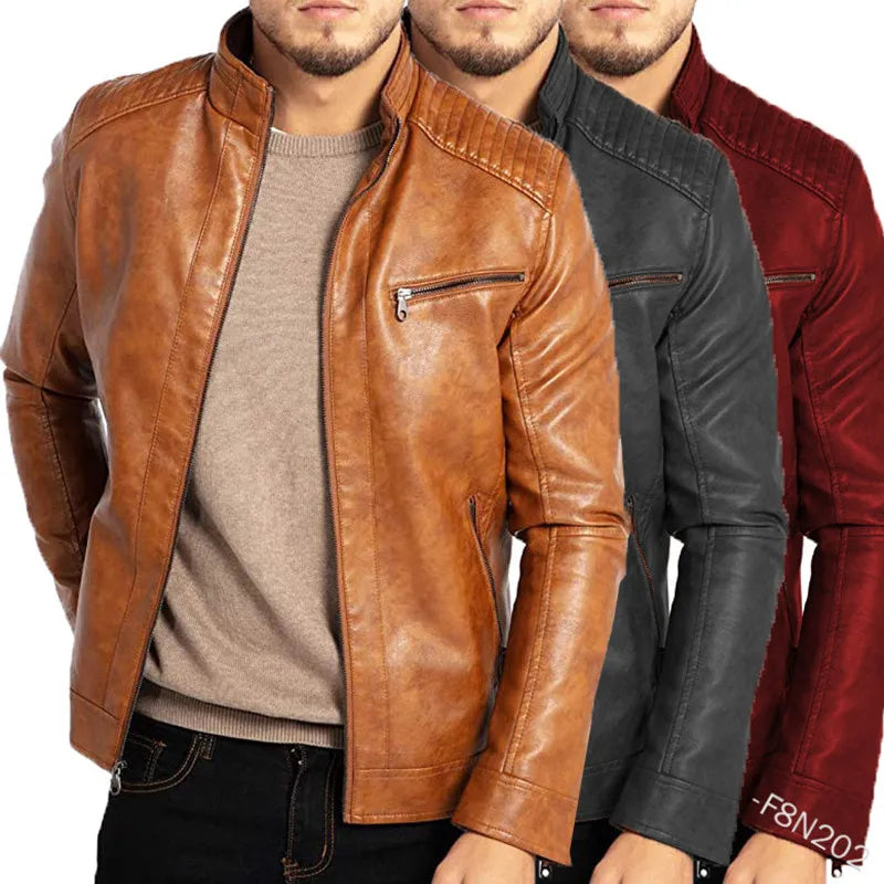Men'S Pu Leather Jacket Stand-Up Collar Punk Motorcycle Style Fashion European American Teenagers Male Outerwear