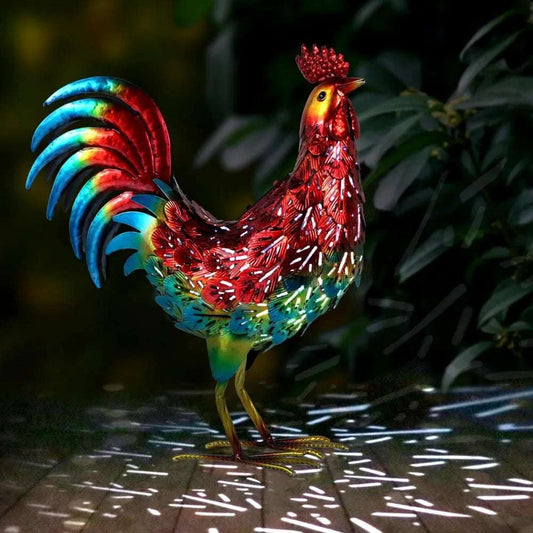 Solar Metal Rooster Animal Lights Garden Sculptures Art Decor, Outdoor LED Light Color Chicken Statue for Farm Patio Lawn Back