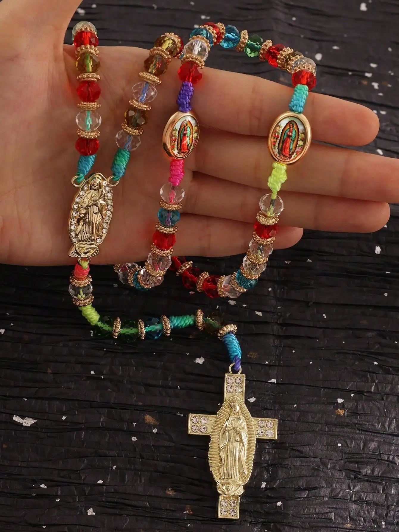 Colorful Virgin Mary Rosary Necklace With Crystal Beads And Cross Pend