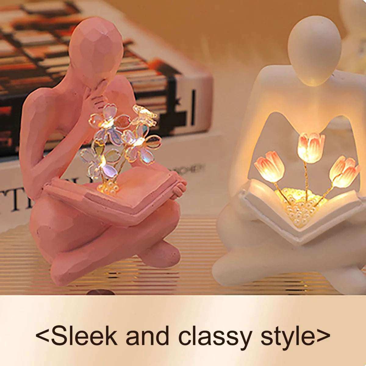 Abstract Thinker Statue Lights Tulip Book Sculpture Bookshelf Figurines Decor Festival Lovers Birthday Gift Bedroom Decorations