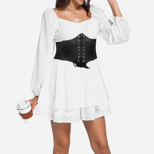 Women Ruffles Romper Dress With Belt White A Line Long Sleeve Dress Off Shoulder Knee Length Ladies Elegant Dress Rave Outfits