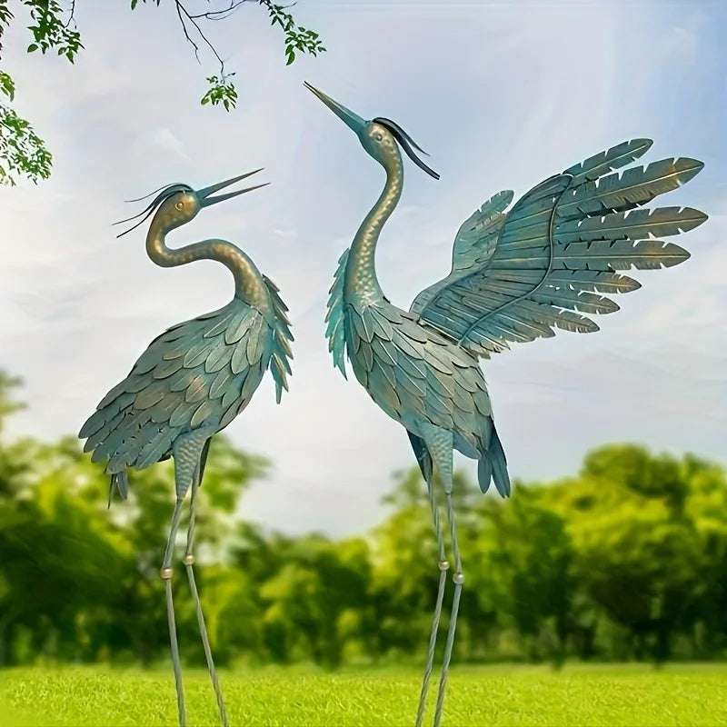 Set Of 2 Metal Crane Statue Garden Decor, Bird Garden Sculpture & Statues, Outdoor Decoration For Yard Patio Lawn Backyard Pool